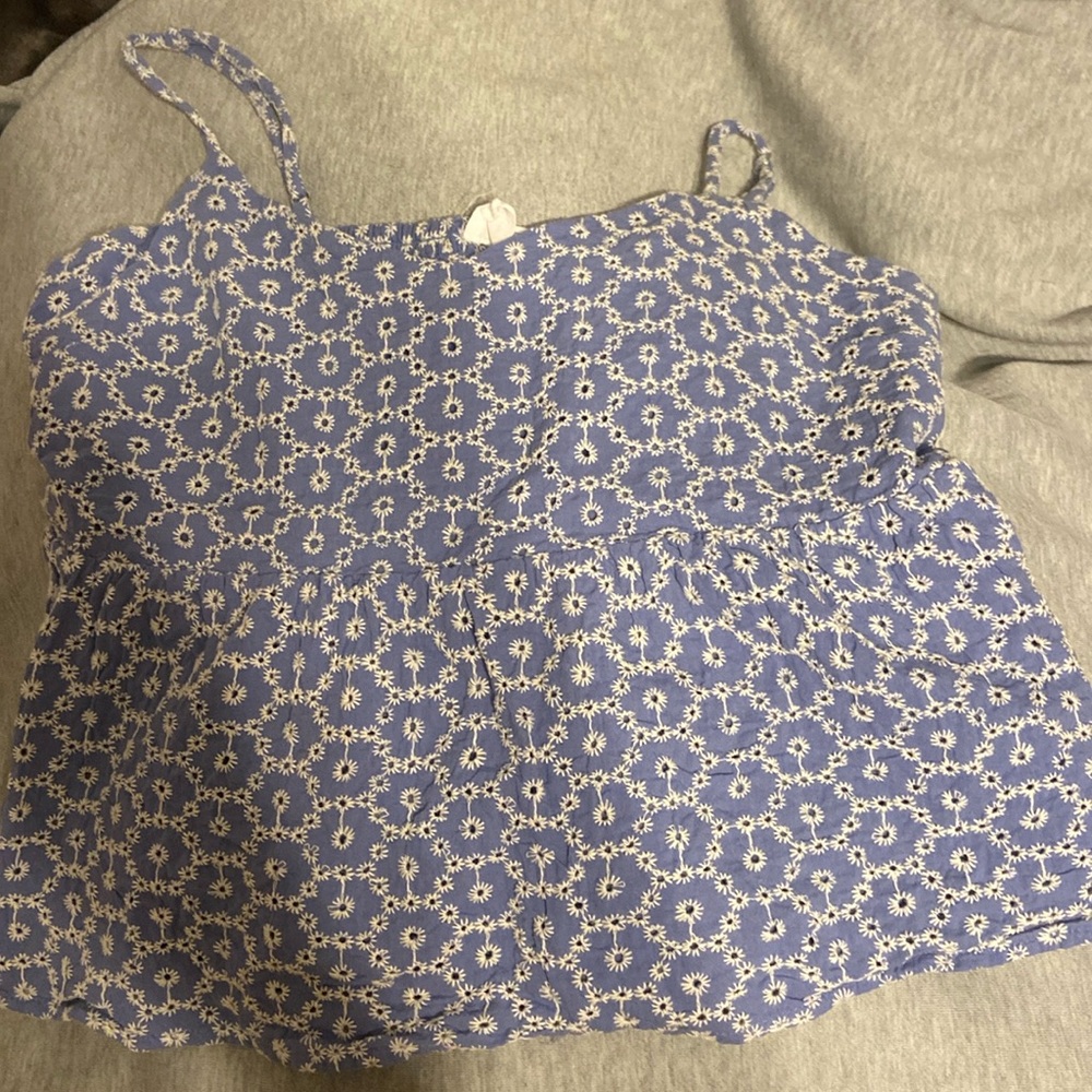 Blue Cropped Top with White Flower Eyelets